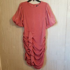 Express Women Size L Mauve Round Neck Ruffled Flirty Bodycon Midi Dress